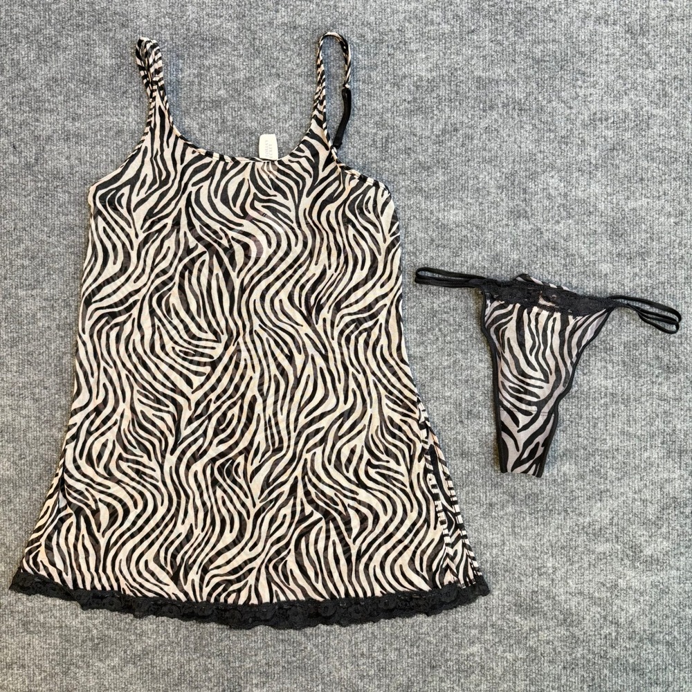 NWT Y2K Victoria's Secret Zebra Print Sheer Mesh Chemise and G-String Set Small